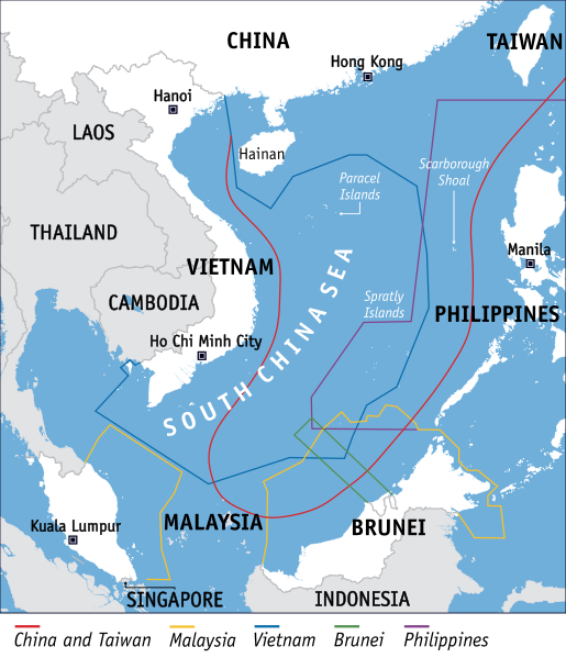Streitobjekt Südchinesisches Meer: China hat Ansprüche auf rund 80 Prozent dieses Meeres angemeldet und diese mit der sogenannten Neu-Striche-Linie markiert (rote Linie). Völkerrechtlich ist dies nicht anerkannt.