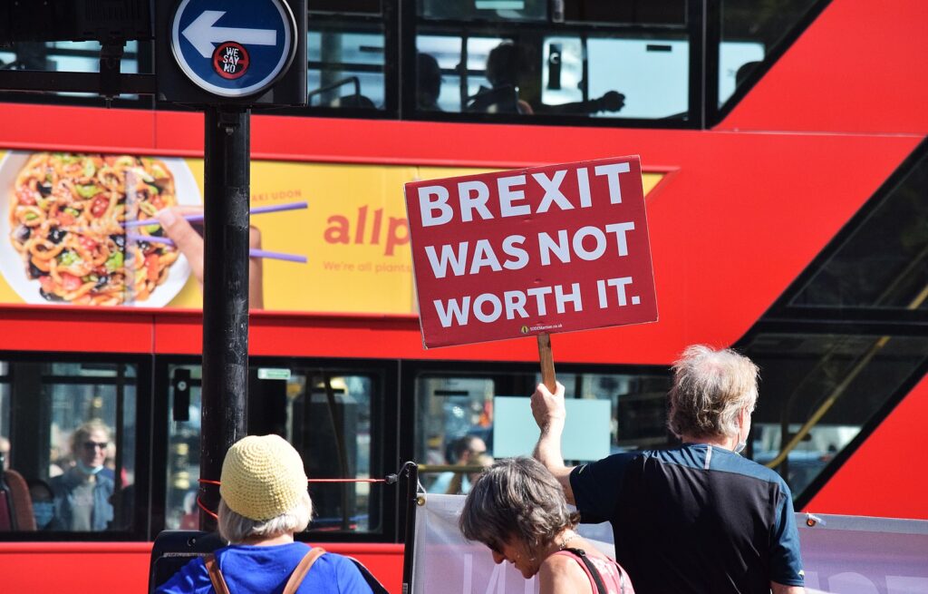 Diesen Eindruck haben heute viel mehr Briten als zum Zeitpunkt des Referendums: „Der Brexit war es nicht wert“, fand jedenfalls dieser Mann bei einer Protestveranstaltung vor dem Parlament am 8. September 2021. Foto: Mark Wordy